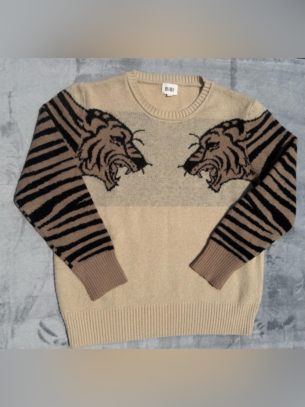BIBI Beige and Brown Tiger-Print Crewneck Sweater